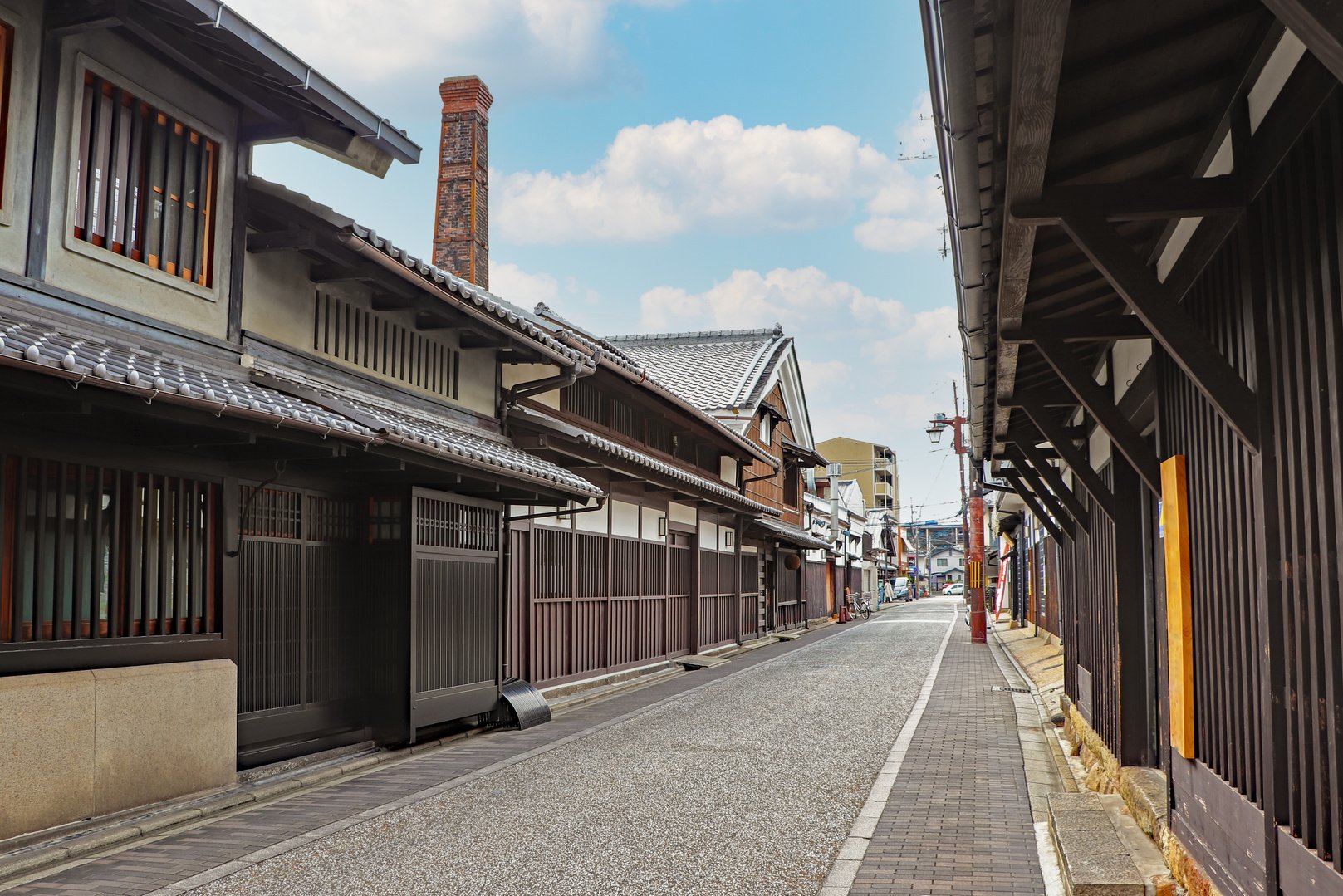 Street with old wooden sake brewery in Fushimi, Kyoto